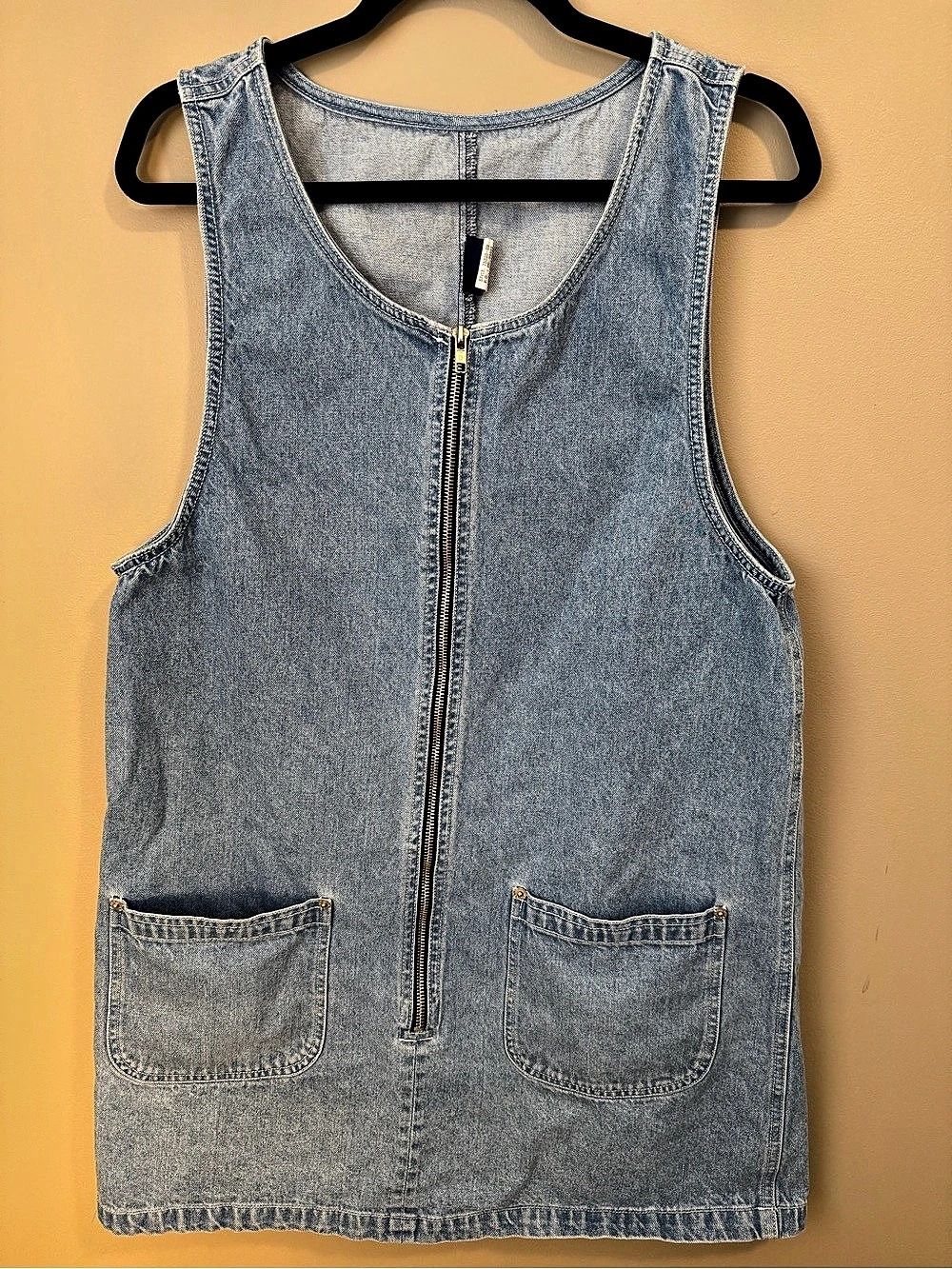 LA BLUES Women's Denim Jumper Dress Zip Front Pinafore Vintage LARGE L